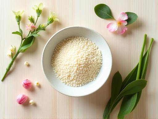 Ingredients like rice and camellia oil, representing the power of Japanese superfoods for skin health.